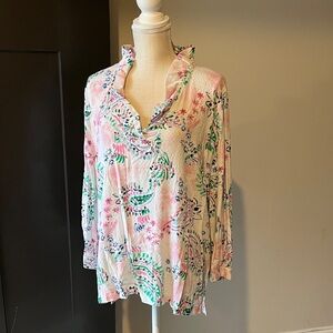 crown & ivy Pink Floral Ruffle V-Neck Blouse with Green & Blue Accents